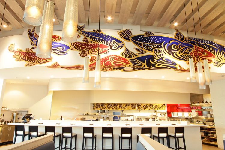 Restaurant kitchen and custom artwork view